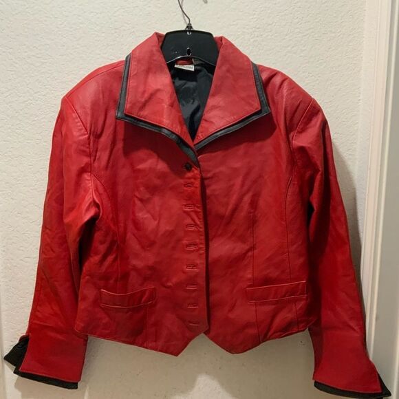 Vintage Styleworks Red Leather Cropped Jacket  Styleworks Size 14 - Picture 4 of 14